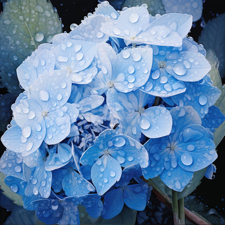 Blue hydrangea flowers with water drops. Floral background.の素材