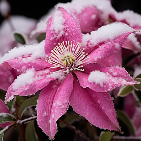 Pink clematis flower covered with snow in a garden in winterの素材