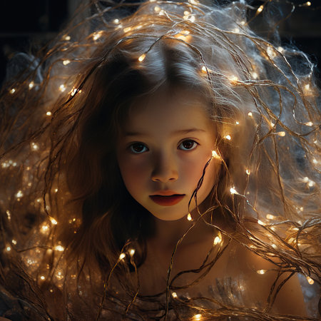 Portrait of a beautiful little girl in a garland of lights.の素材