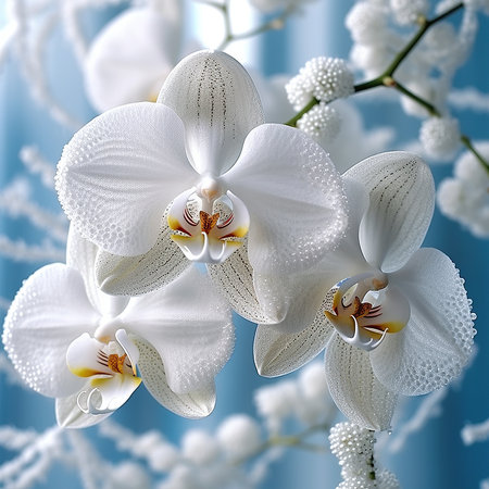 White orchids on blue background. Close-up. Nature.の素材
