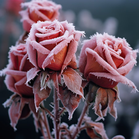 Frosted roses on a frosty winter morning in the gardenの素材