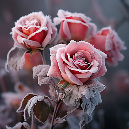 Beautiful rose in hoarfrost close-up. Winter backgroundの素材