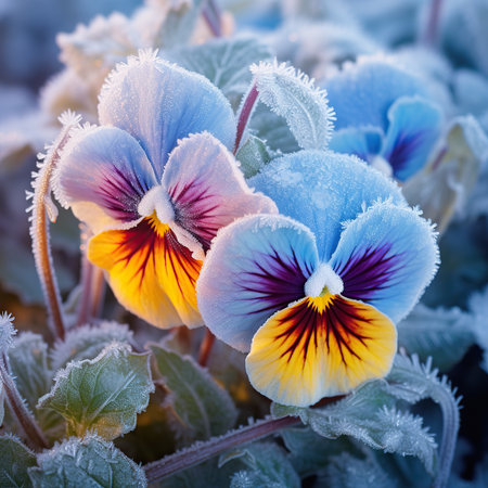 Colorful pansy flowers covered with hoarfrost, closeupの素材