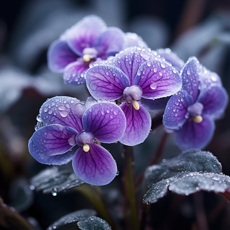 Beautiful violet flowers with dew drops on the petals.の素材