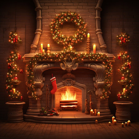 Christmas fireplace with christmas decorations on brick wall background. 3d renderの素材
