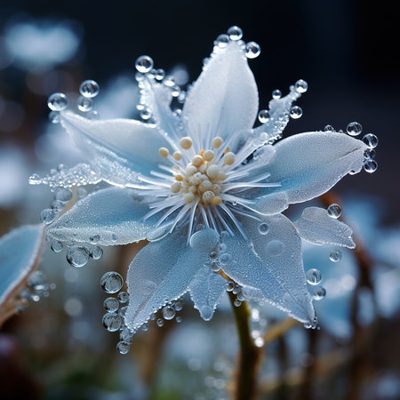 Beautiful blue flower with dew drops on the petals.の素材