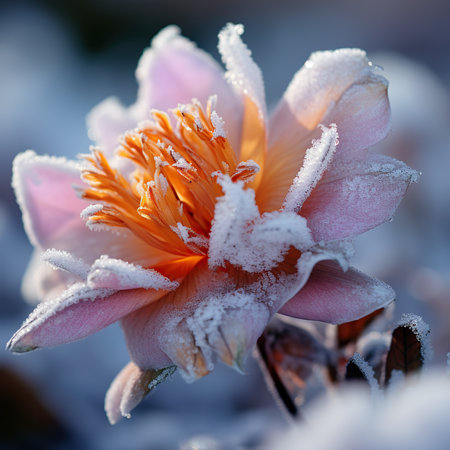 Frozen crocus flower in winter. Macro image with shallow depth of fieldの素材