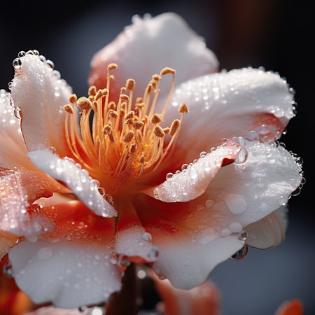 Camellia flower with water droplets on petals.の素材