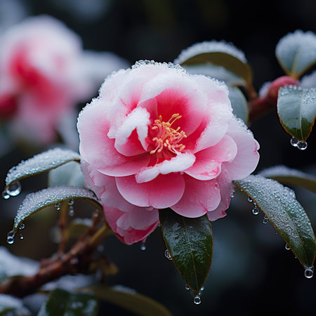 Camellia flower in the snow with dew drops.の素材