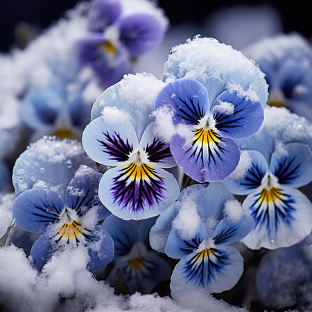 Blue pansy flowers in the snow. Close up. Selective focus.の素材