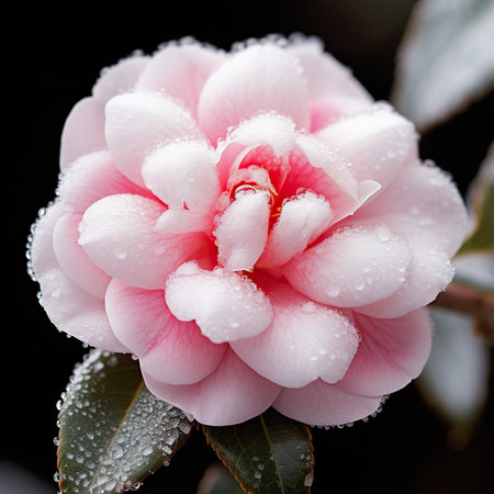Camellia flower with water droplets on petals.の素材