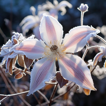 Clematis flower covered with hoarfrost on a sunny winter dayの素材
