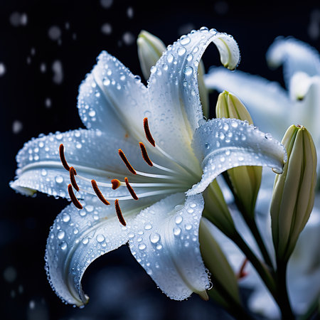 Beautiful white lily flower with water drops on black background.の素材