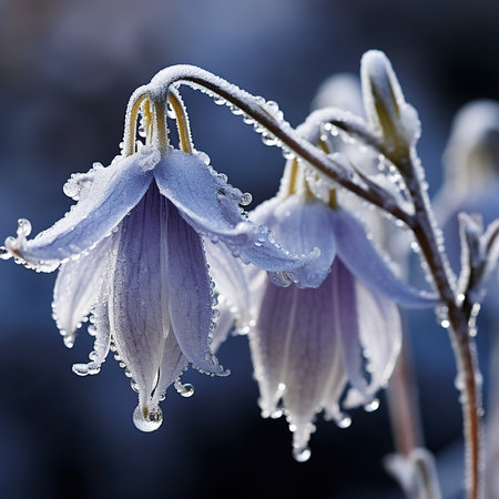 Close-up of bluebell flowers covered with hoarfrost.の素材