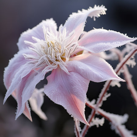 Beautiful pink clematis flower with hoarfrost in winterの素材