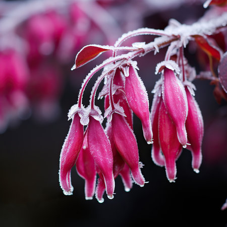 Pink flowers in the hoarfrost, macro shot, shallow DOFの素材