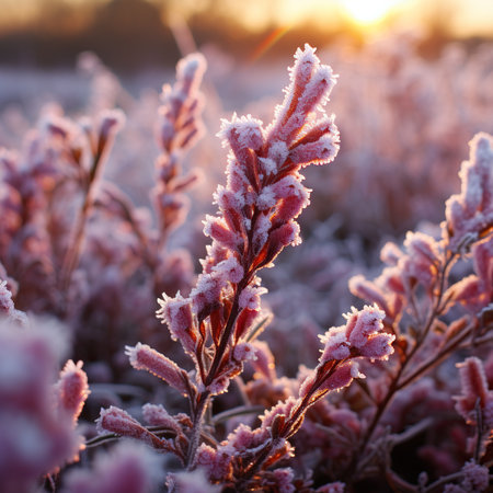 Hoarfrost on the grass at sunset. Beautiful winter landscape.の素材