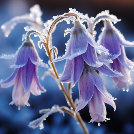 Close up of bluebells covered with hoarfrost in winterの素材