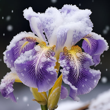 Beautiful iris flowers in the snow on a dark background.の素材