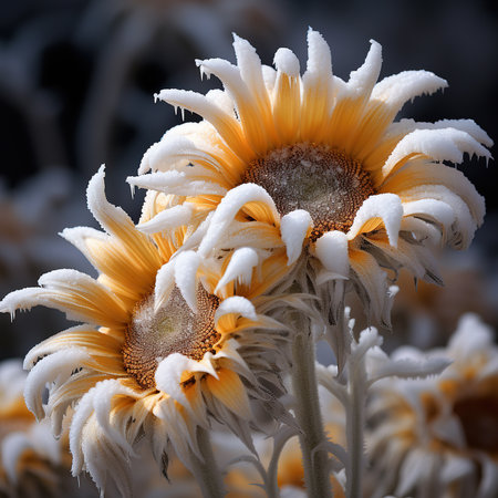 Sunflowers covered with hoarfrost on a cold winter dayの素材