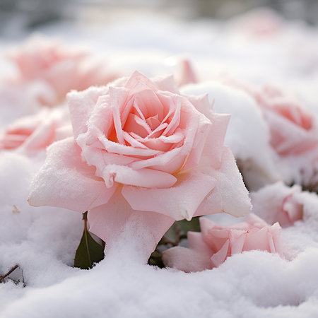 Beautiful pink rose in the snow. Shallow depth of field.の素材