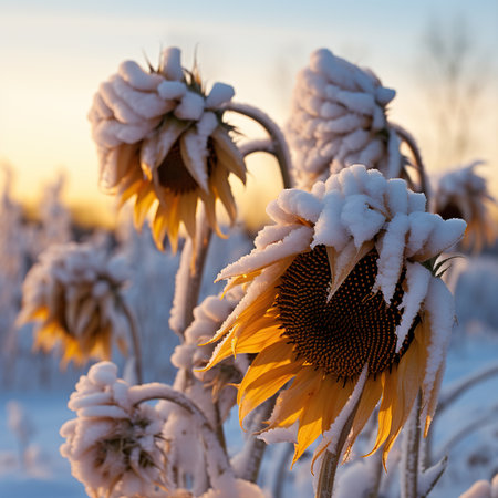 Sunflowers covered with hoarfrost in the field at sunsetの素材