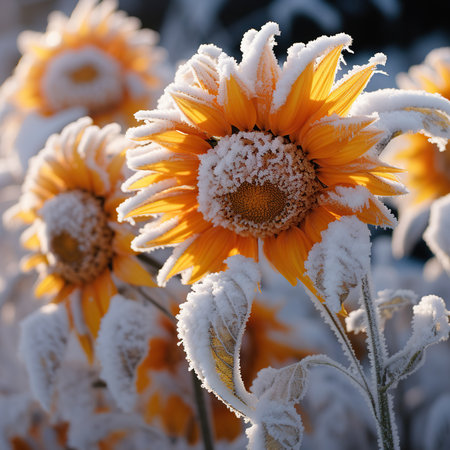 Sunflowers covered with hoarfrost on a sunny winter dayの素材