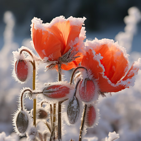 poppy flowers covered with hoarfrost on a snowy meadowの素材