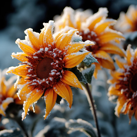Sunflowers covered with snow in the garden on a cold winter dayの素材