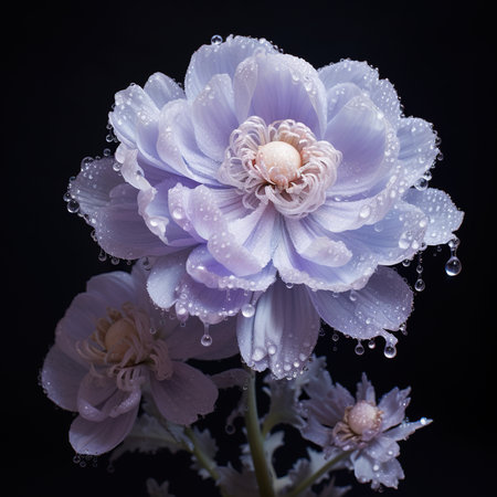 purple flower with water drops on black background,vintage styleの素材