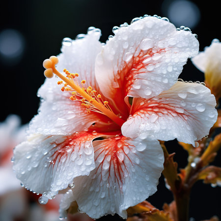White hibiscus flower with water drops on petals.の素材