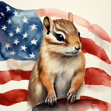 Cute chipmunk sitting on American flag. Hand drawn illustration.の素材