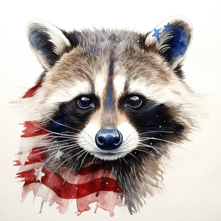 Raccoon portrait with American flag on white background. Digital painting.の素材
