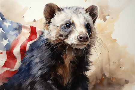 Digital painting of a ferret with an American flag in the backgroundの素材