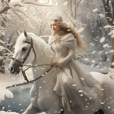 Winter fairy tale. Beautiful girl in a long white dress with a white horseの素材