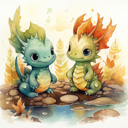 Illustration of two cute dragons sitting on a stone in the waterの素材