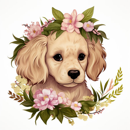 Cute English Cocker Spaniel with floral wreath. Vector illustration.の素材