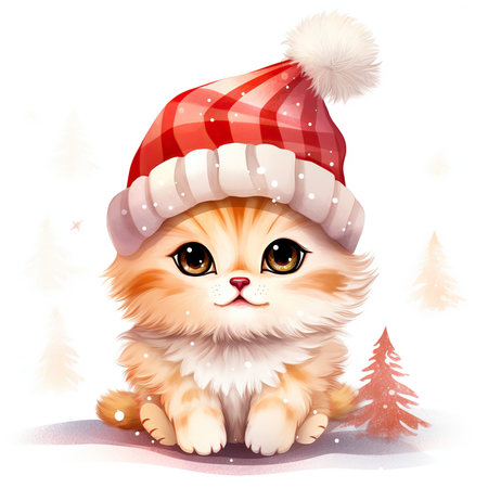 Cute kitten in a hat of Santa Claus. Vector illustration.の素材