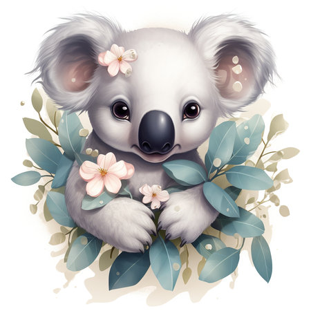 Cute koala with flowers and eucalyptus branchesの素材