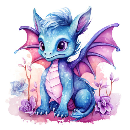 Cute cartoon dragon isolated on white background. Watercolor illustration.の素材