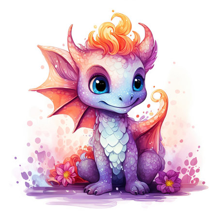 Cute cartoon dragon with flowers on white background. Vector illustration.の素材