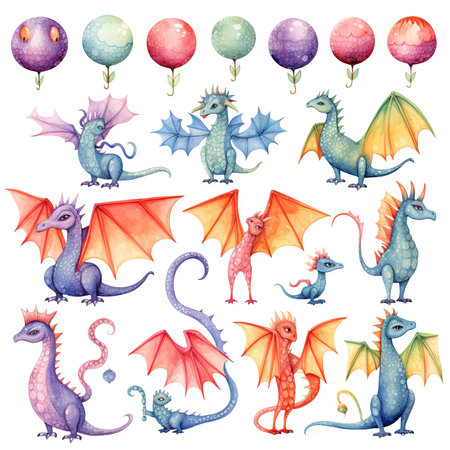 Watercolor set of dragon and balloons. Illustration isolated on white background.の素材