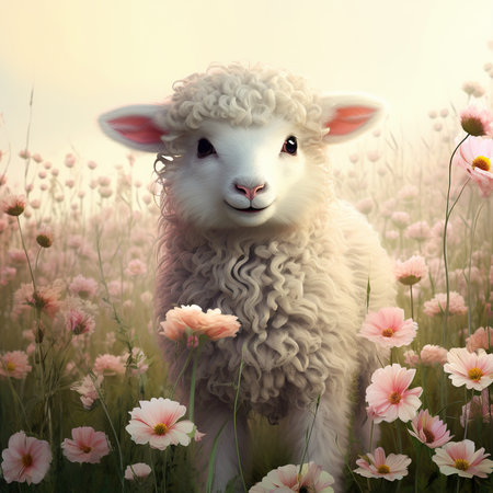 Sheep in the meadow with pink flowers, vintage style.の素材