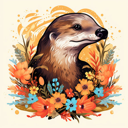 Vector illustration of a cute otter in a wreath of flowers.の素材