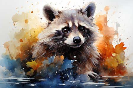 Watercolor painting of a raccoon in autumn leaves. Vector illustration.の素材