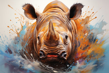 White rhinoceros head with splashes of ink on a white backgroundの素材
