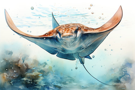 Illustration of a stingray swimming in the ocean with splashesの素材