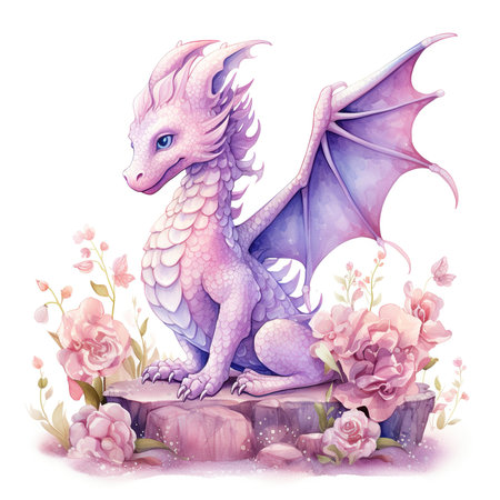 Cute cartoon dragon with flowers. Watercolor illustration isolated on white background.の素材