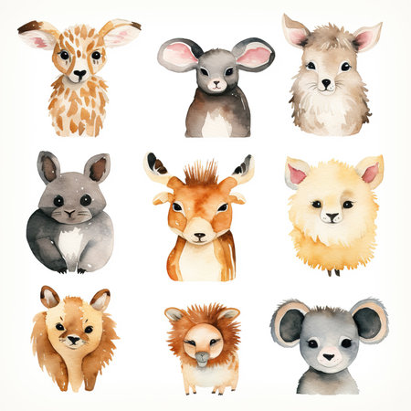 set of cute cartoon animals isolated on white background. watercolor illustrationの素材