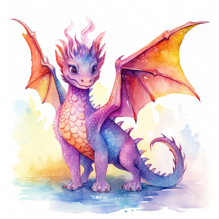 Fantasy dragon. Watercolor hand drawn illustration isolated on white backgroundの素材